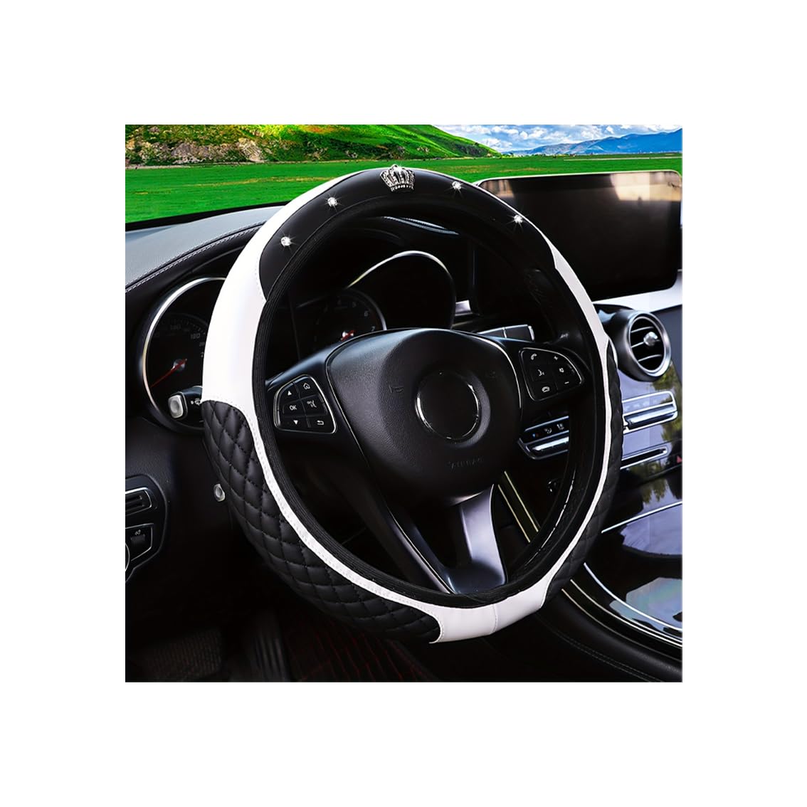 Photo 1 of Couslcd Bling Car Steering Wheel Cover, Diamond Leather Crystal Rhinestones Vehicles Steering Wheel Protector, Sparkling Anti-Slip Automotive Interior Decoration Accessories, Universal Fit (White)