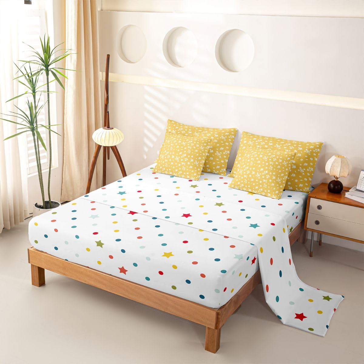Loussiesd Juego de funda de edredón amarillo con sábanas, 7 piezas, tamaño Super King, para niños y niñas, cama de flores amarillas en una bolsa, decoración botánica de habitación bohemia, flores