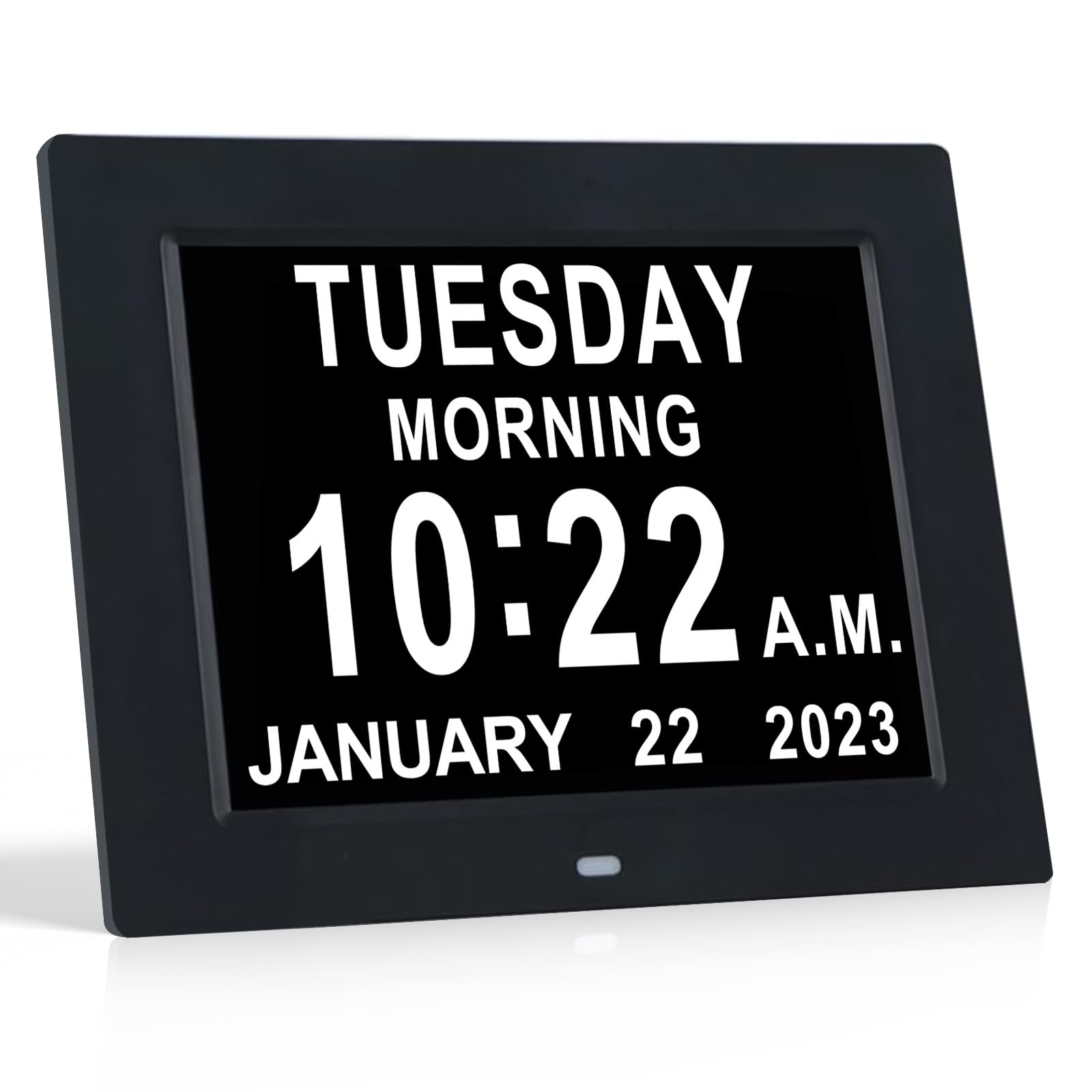 TMC 8 Inch Dementia Clock for Seniors – Large Auto-Dimming Calendar Display with Date & Time, Multi-Language Support, Medicine Reminders & Alarms – Wall or Desk Mount, Integrated Stand (Black, SD)