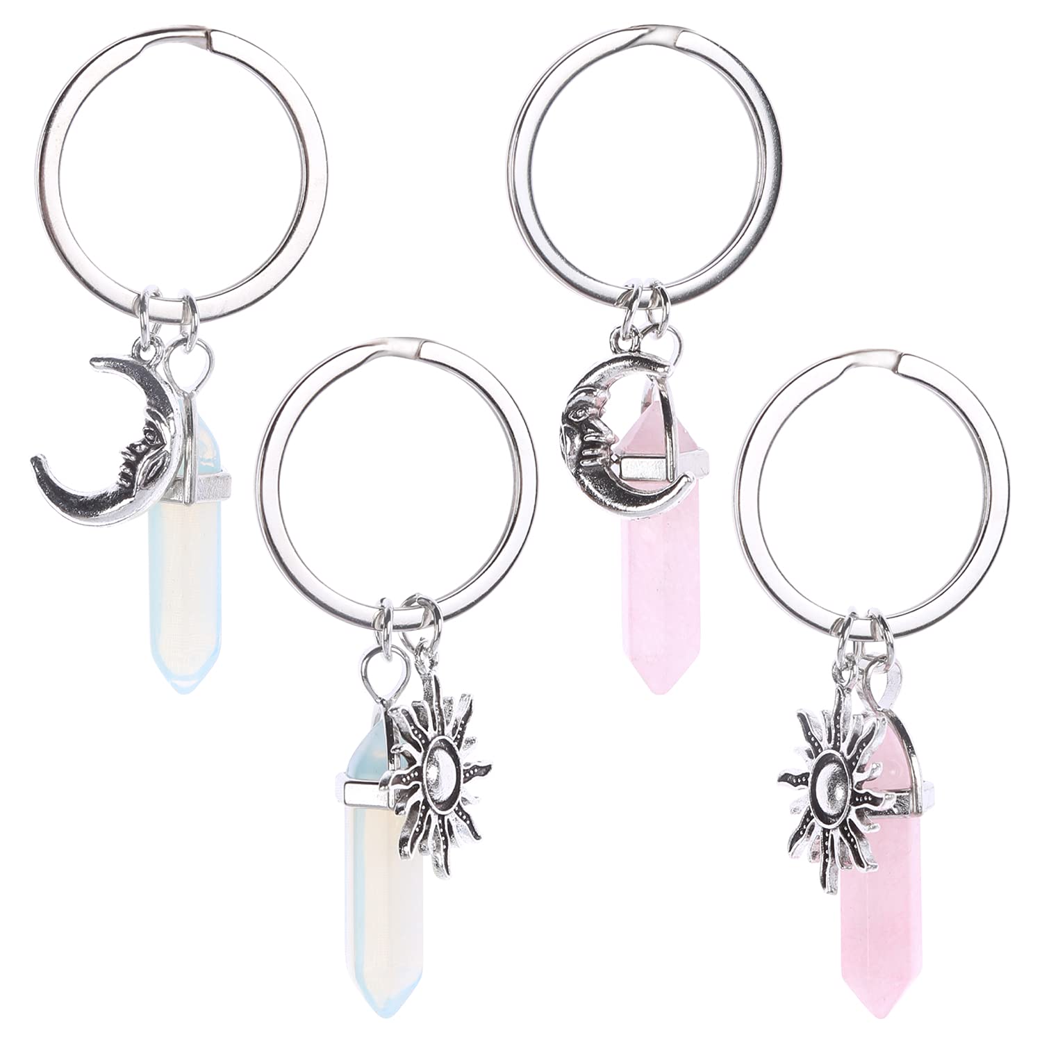 KKC Home 4 Pcs Crystal Moon and Sun Keychains Set, Moon&Sun Keyring, Healing Stone Keychain for Wallet Car Purse Backpack Christmas Party Favors