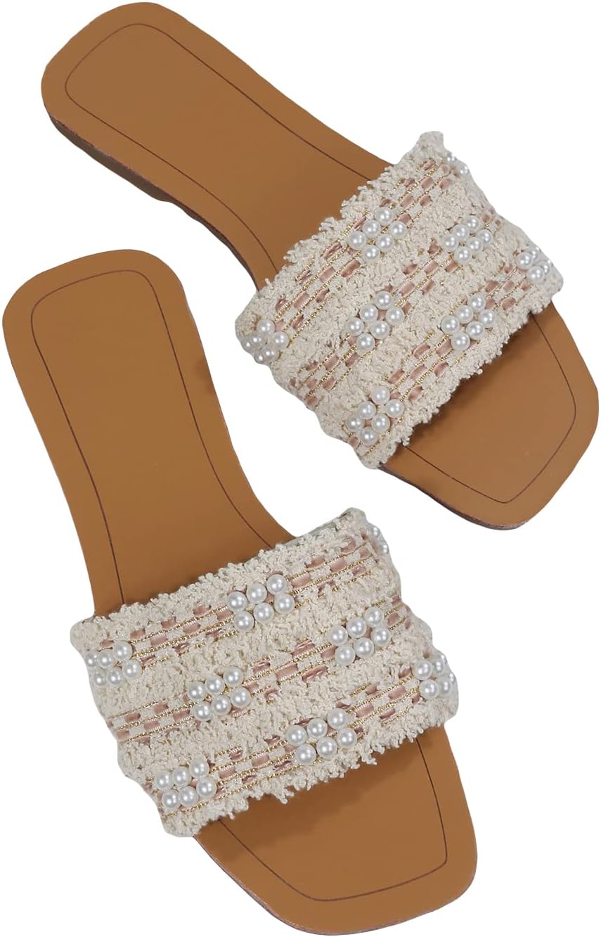 Gorglitter summer sandals with faux pearl decorations for women.