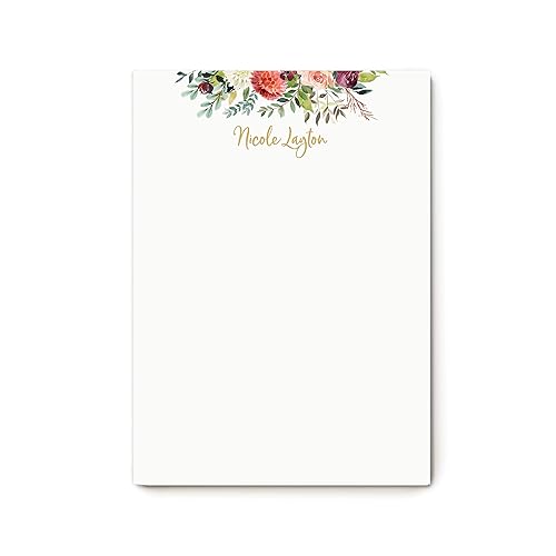 Floral Note Card and Envelope Stationery Set with Custom Watercolor Flower Design, Glued 5 x 7 or 8 x 10 Notepad with 50 Sheets, Divine Pad