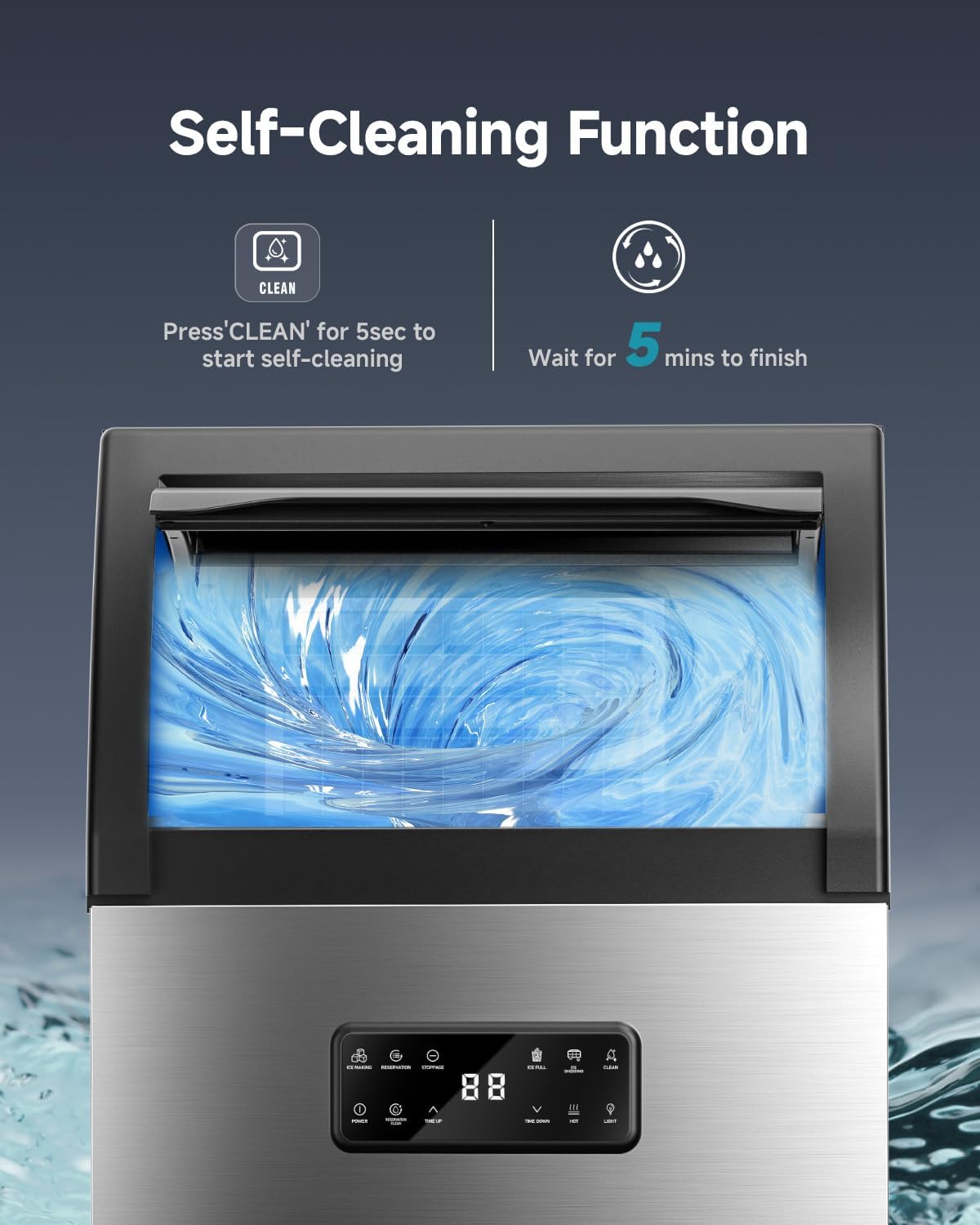 EUHOMY Commercial Ice Maker,105lbs/24H,Stainless Steel Under Counter Ice Machine with Water Filter,33lbs Storage Capacity, 45 Cubes in 8-12 Mins, Freestanding Ice Machine for Home/Bar/Cafe/Restaurant