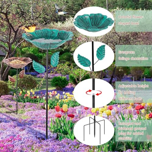 Image of 2 Pack Bird Bath for Outside, Outdoors Garden Decor Flower Birdbath | Vintage Metal Bird Bowl with Five Stakes for Hummingbird Baths & Bird Feeders, 31.3 inch H x 10.63 inch Dia (Bronze,Vintage Green)