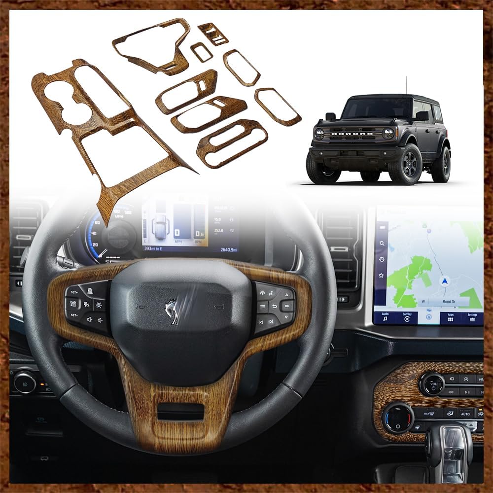 Muslogy for Ford Bronco 4 Door Set of 9 Interior Modification Accessories Gear Shift Panel Inner Door Handle Bowl Cover Steering Wheel Cover Compatible with Bronco 2021 2022 2023 2024 (Wood Grain)