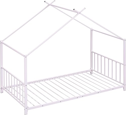 Miniatura 72 de Cama de casa de tamaño individual con diseño de valla y techo, marco de cama de metal, marco de cama de piso doble, base de cama Montessori de Color