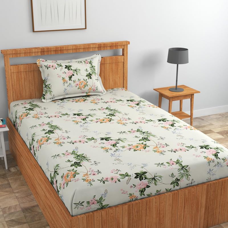 Image of NHD HOME Pure Cotton 180 to 220 tc Flat Single Bedsheets for Summer Breathable | Wrinklefree | Super Soft (Size-60 X 90 Inch) with 1 Pillow Covers (Size-17 X 27 Inches, Floral, White Brown)