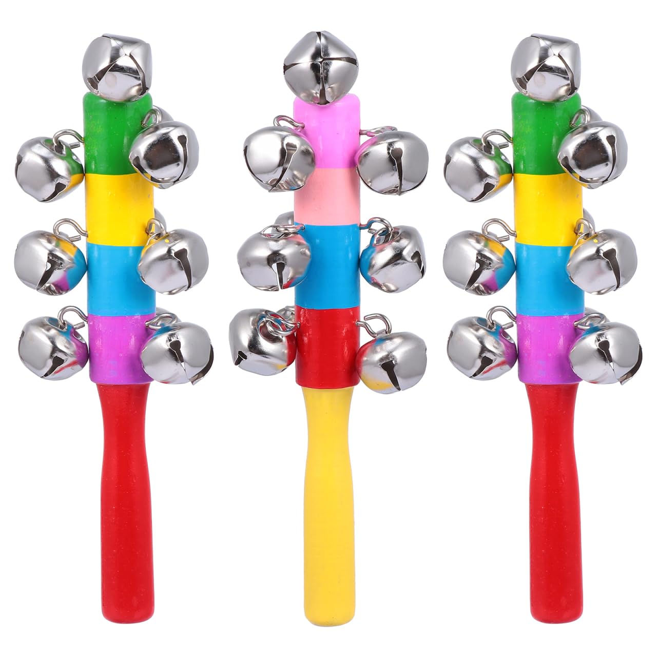 STOBOK 3pcs Baby Handle Wooden Bells Christmas Hand Sleigh Bells Jingle Stick Shaker Rattle Xmas Kids Rattle Toys Musical Rhythm Toys (Random Color)