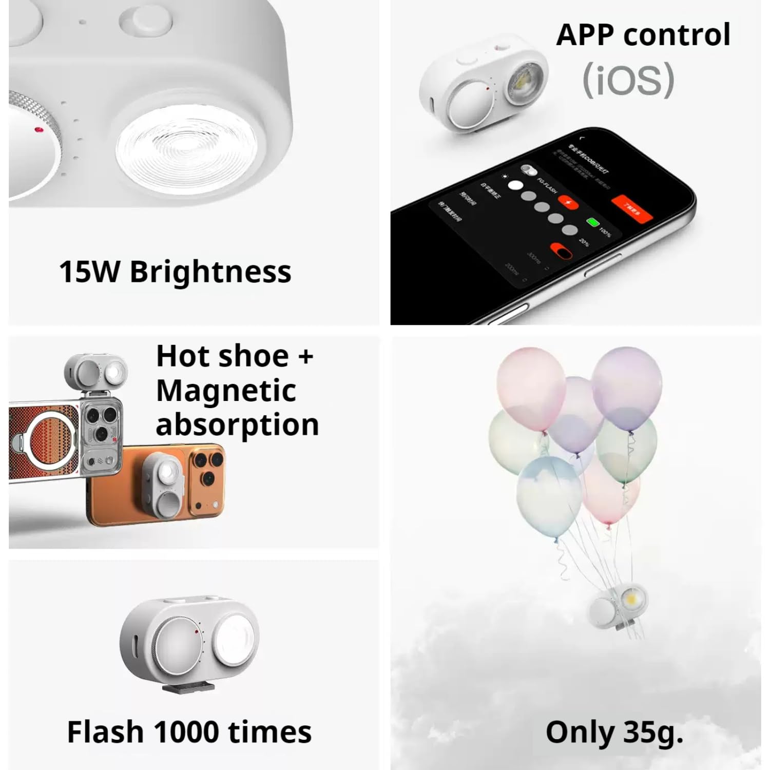 Fotorgear FL01 COB - Luz flash para teléfono móvil (15 W, adherencia magnética, 35 g, 5700 K/92+CRI, compatible con iOS/Android para luz nocturna, retratos y fotografía de productos)