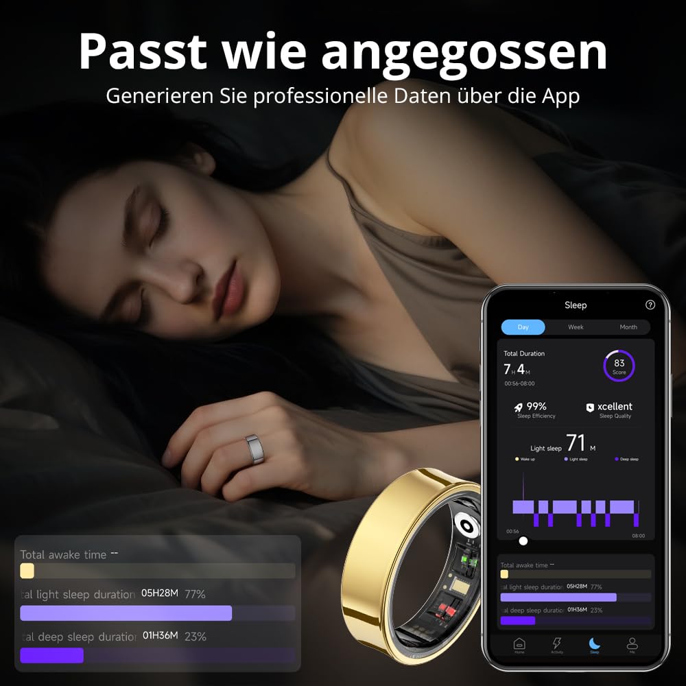 COLMI R09 Bague intelligente avec suivi de la température de la peau, de la fréquence cardiaque et du sommeil (or, 9)