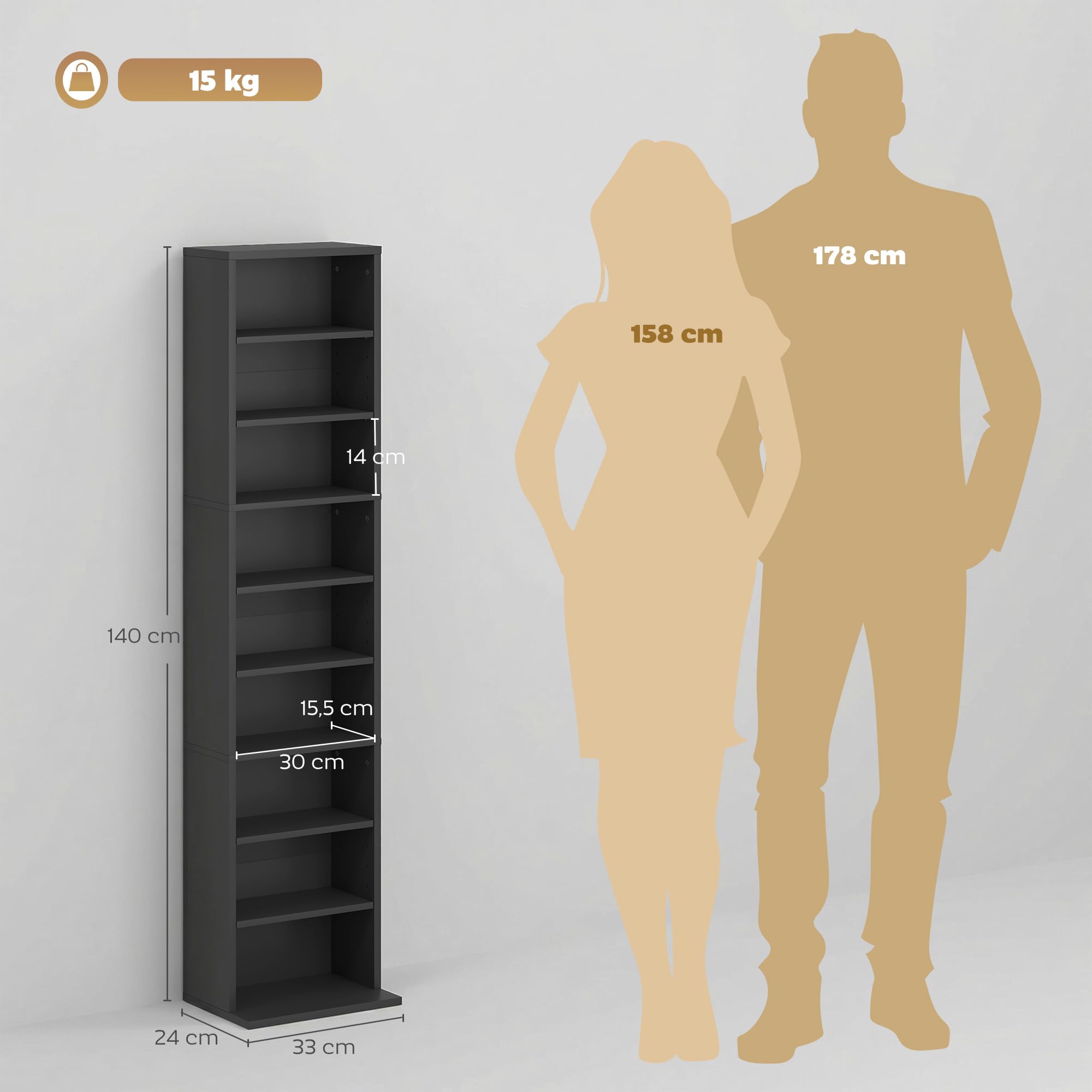 HOMCOM CD- und DVD-Aufbewahrung, Multimedia-Aufbewahrungsmöbel, max. Kapazität 260 CDs/120 DVDs, 9 Fächer und 6 verstellbare Regalböden, für Wohnzimmer, Schlafzimmer, Büro, 33 x 24 x 140 cm, schwarz | Multimedia-Aufbewahrungsschrank, 9 Fächer, 6 verstellb