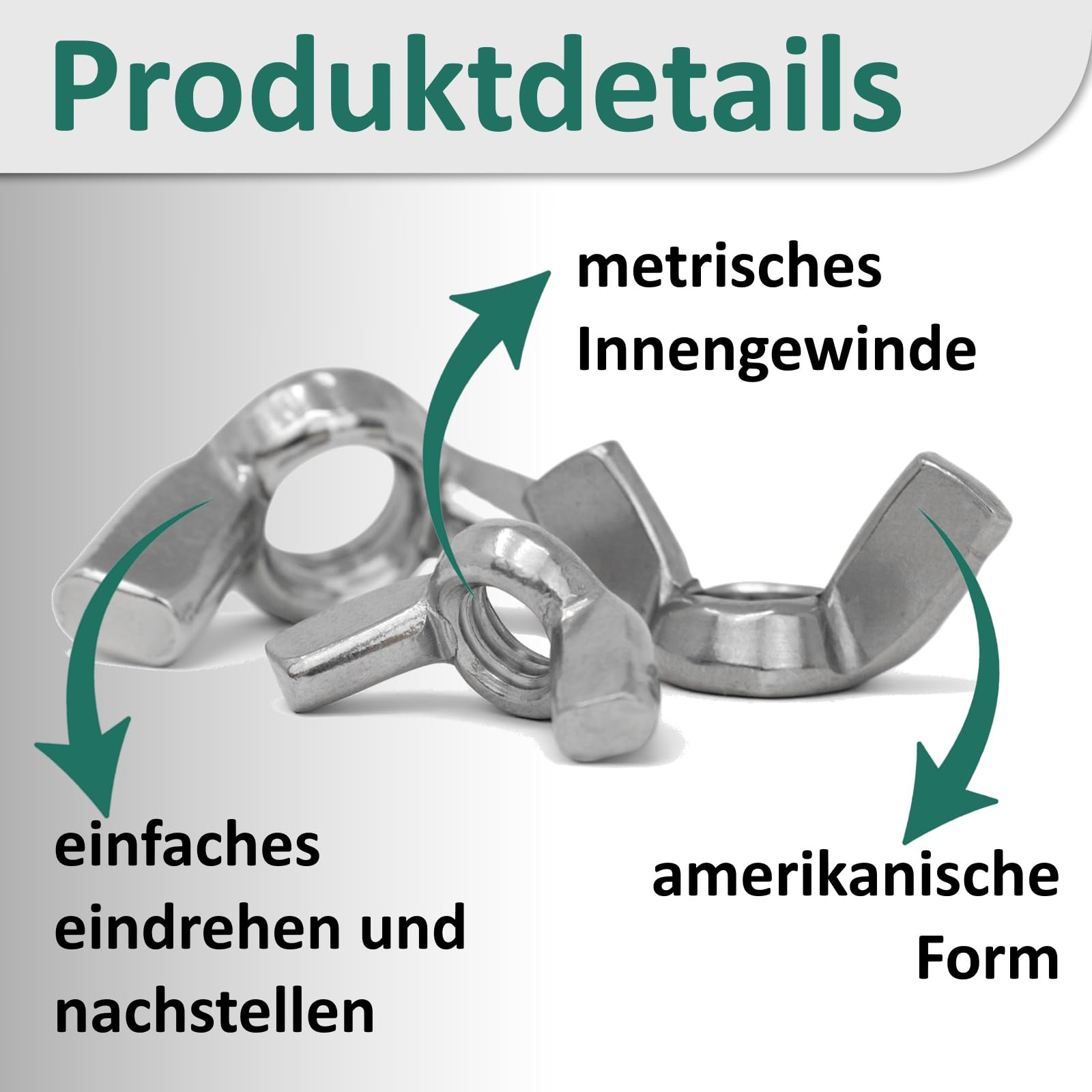 DSM – Flügelmuttern M6 ähnl. DIN 315 – amerikanische Form – Edelstahl A2 – Wing Nut, Schmetterlingsmutter – rostfreie Flügelmutter zur universellen Nutzung – 100 Stück