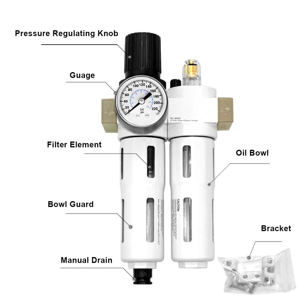 Beduan Combo regulador de filtro de aire comprimido NPT de 3/8 pulgadas (0-230 psi), filtro de compresor de herramienta de aire, separador de trampa de agua/aceite con calibre, drenaje manual
