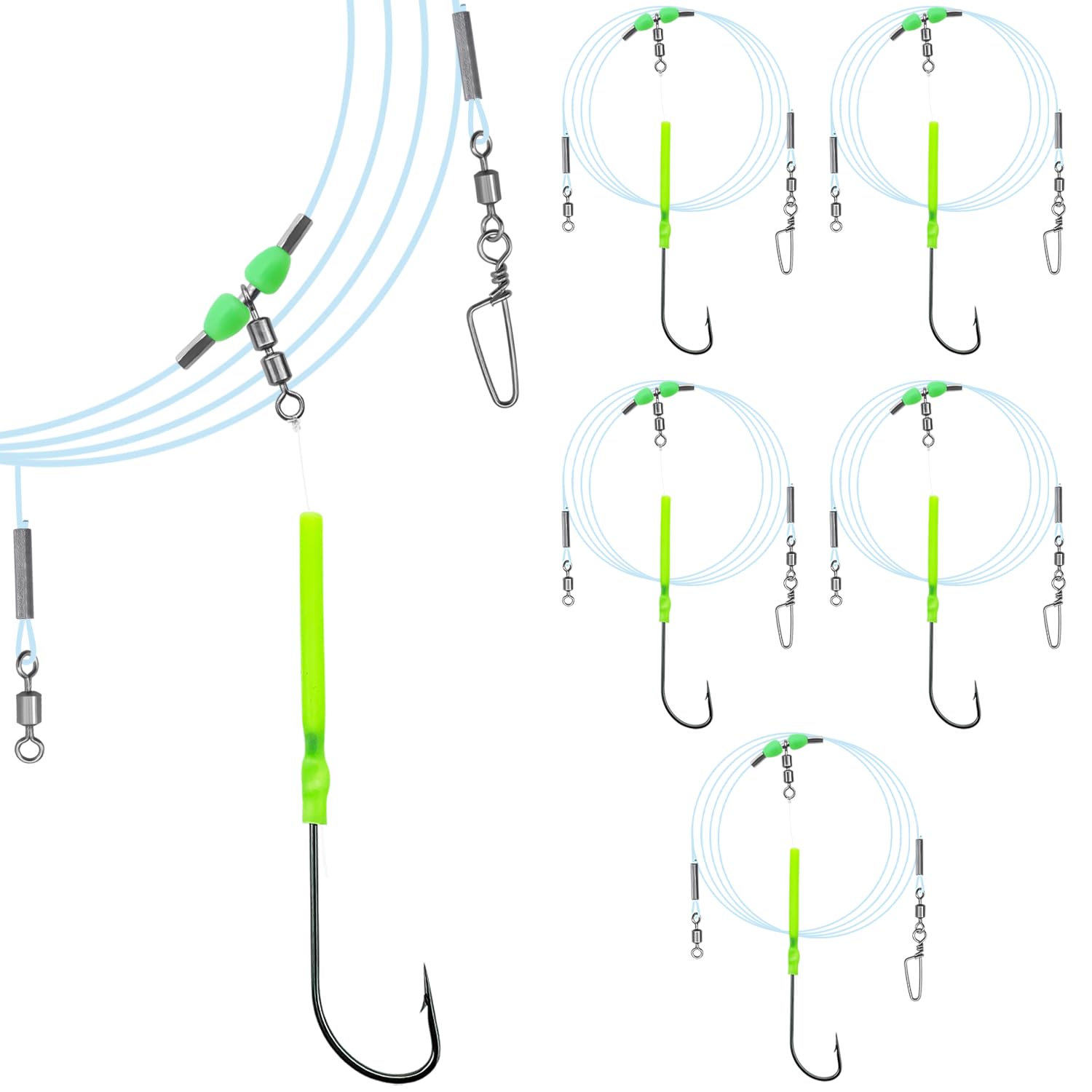 Narcissus 5PCS Sea Fishing Rigs, Pre-Tied Flapper with Size 1/0 & 2/0 Hooks, Anti-Tangle Snap, 1-3 Hooks, Gaps (45cm, 52cm, 80cm), Ready for Beach Fishing (5pcs- Single hook- size 2/0)