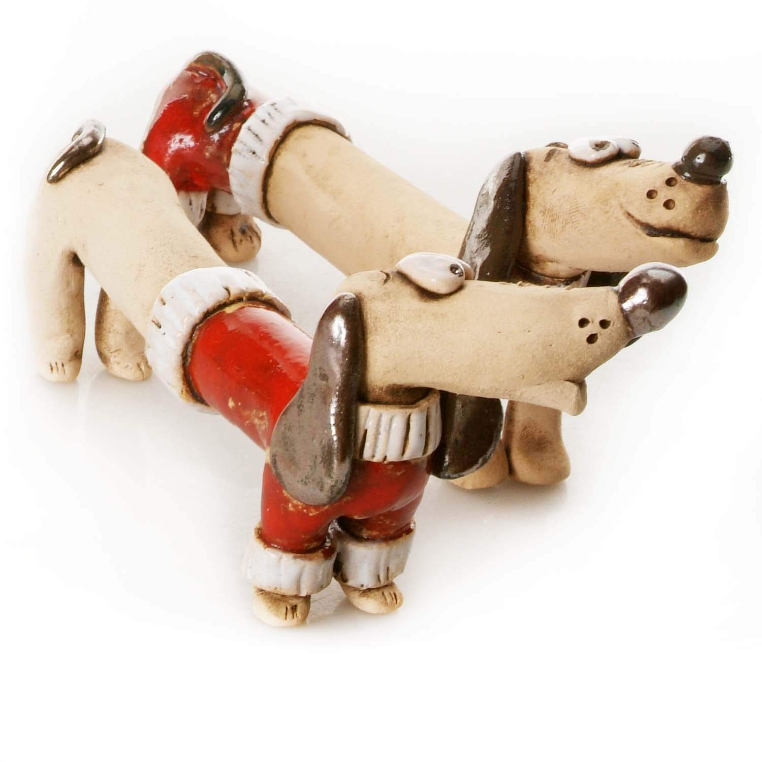 Enigma Supplies Ceramic Figurine Dachshund Pair with Red Heart Mr and Mrs in Red Pats and Sweater Ceramic Quirky Ornament For Dog Lovers Cool as a Wedding Gift