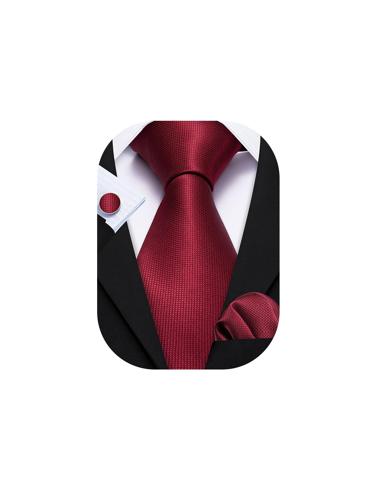 Barry.Wang Burgundy Ties for Men Silk Solid Color Necktie Wine Red Handkerchief Cufflinks Set Wedding Business