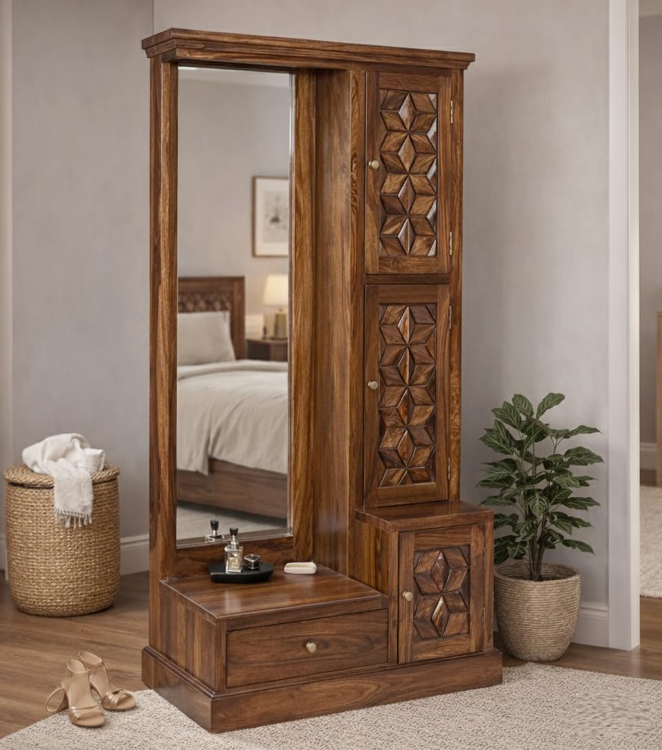 Sheesham Wood Dressing Table with Mirror, 3 Door and 1 Drawer Storage, Solid Wood Long Vanity Table for Bedroom, Honey Finish Dressing Unit, Wooden Furniture 35 x 16 x 75 Inch-image-12