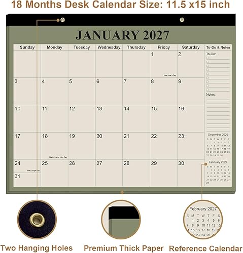 Miniatura 3 de Calendario de escritorio 2026-18 meses, de enero de 2026 a junio de 2027, calendario 2026-2027 con papel grueso para organización escolar en Beige