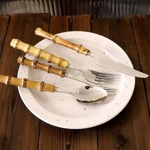 Miniatura 2 de Juego de cubiertos de bambú para cubiertos de bambú natural de 12 a 60 piezas, cubiertos de bambú, vajilla de bambú hecha a mano, acabado espejo (60