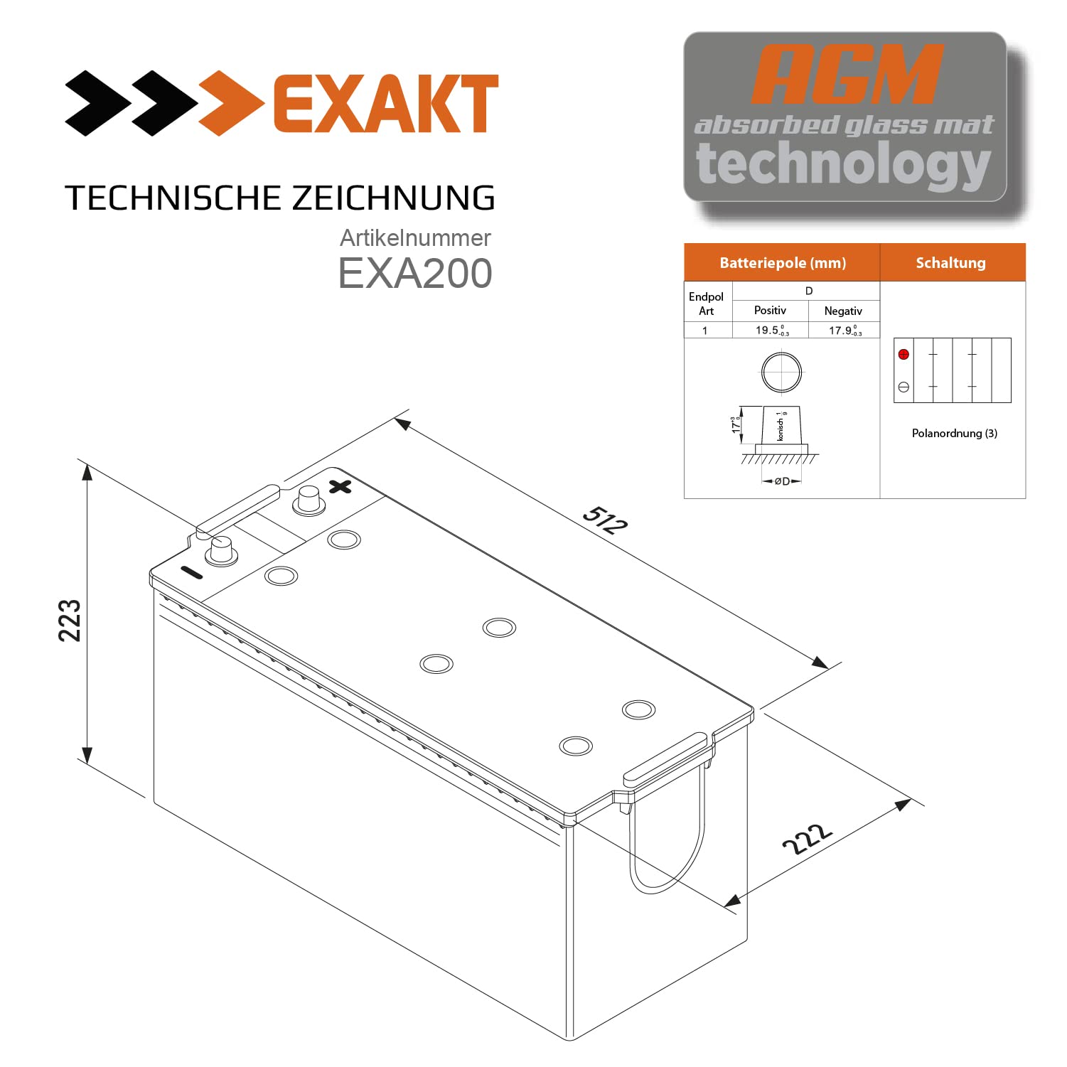 EXAKT AGM Batterie 200Ah 12V Solarbatterie Wohnmobil Boot Versorgung 180Ah