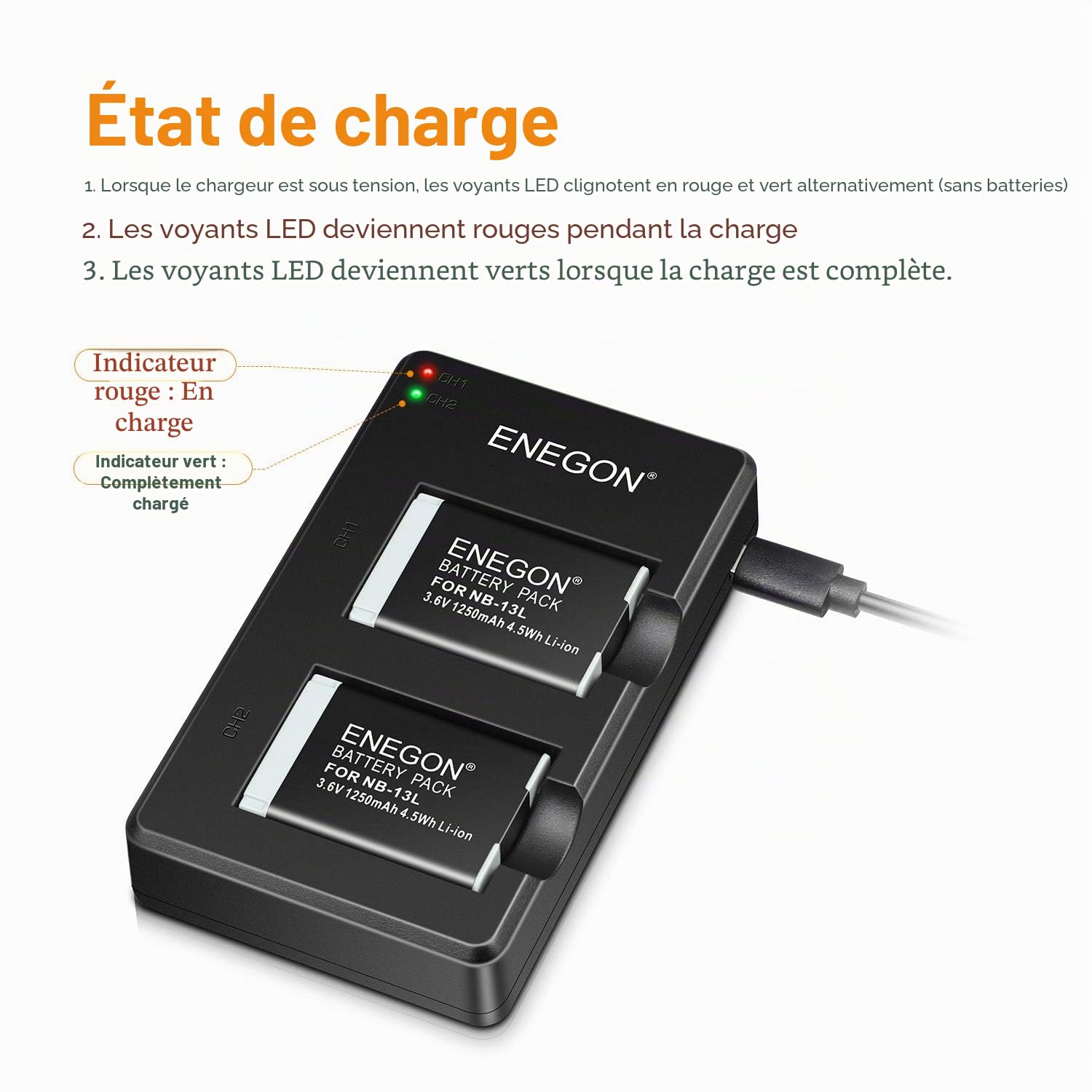 ENEGON NB-13L Bloc Batterie de Remplacement (2 Paquets) et Chargeur Dual pour Canon PowerShot G5X,G5X Mark II,G7X, G7X Mark II/III,SX720 HS,SX730 HS,SX740 HS, SX620 HS,G1 X Mark III,G9 X,G9 X Mark II