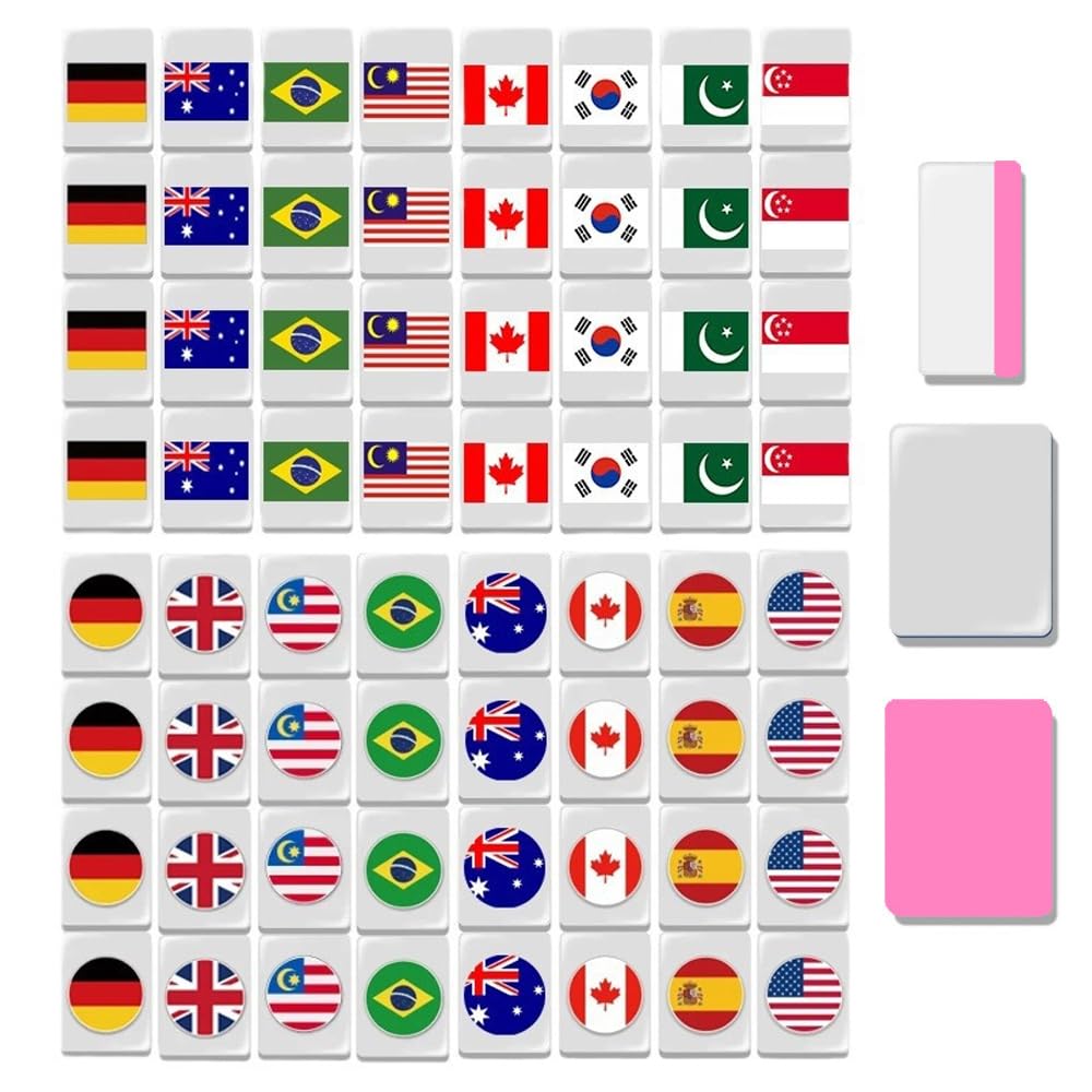 65 Tiles Mahjong Spiel Blöcke, Seaside Escape Spiel, National Flag Mahjong Game Set, Flaggenmuster Mahjong Sets, Mini Mahjong Spiel für Familie Reise Spiel Tabletopspiel Partyspiele