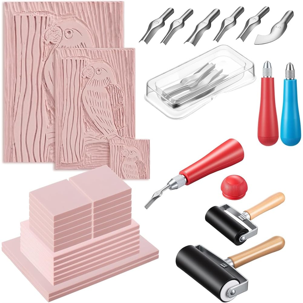 Littimoon Linocut for Printmaking Kit Includes 2" X 2" Linoleum Block, 6 Pcs 4" X 6", 2 Pieces 6' X 8', 2 Knives and 2 Rolls for DIY Projects