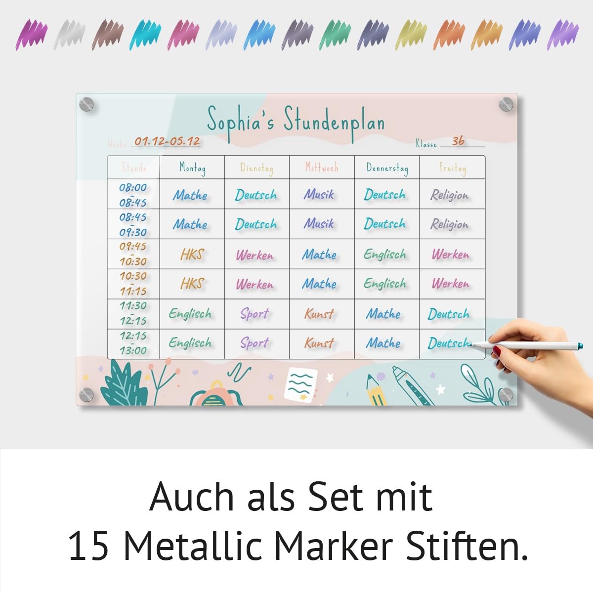 Personalisierter Acrylglas Stundenplan für Kinder abwischbar DIN A3, A2 oder A1 XXL wählbar inkl. Montagematerial und Edelstahl Abstandhalter, langlebig, klarer UV-Druck
