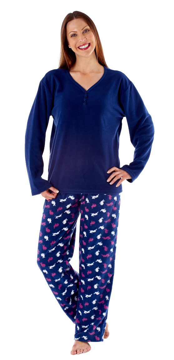 Ladies Soft Cosy Comfy Winter Fleece Long Rabbit Pyjama Set (Navy) 10-12