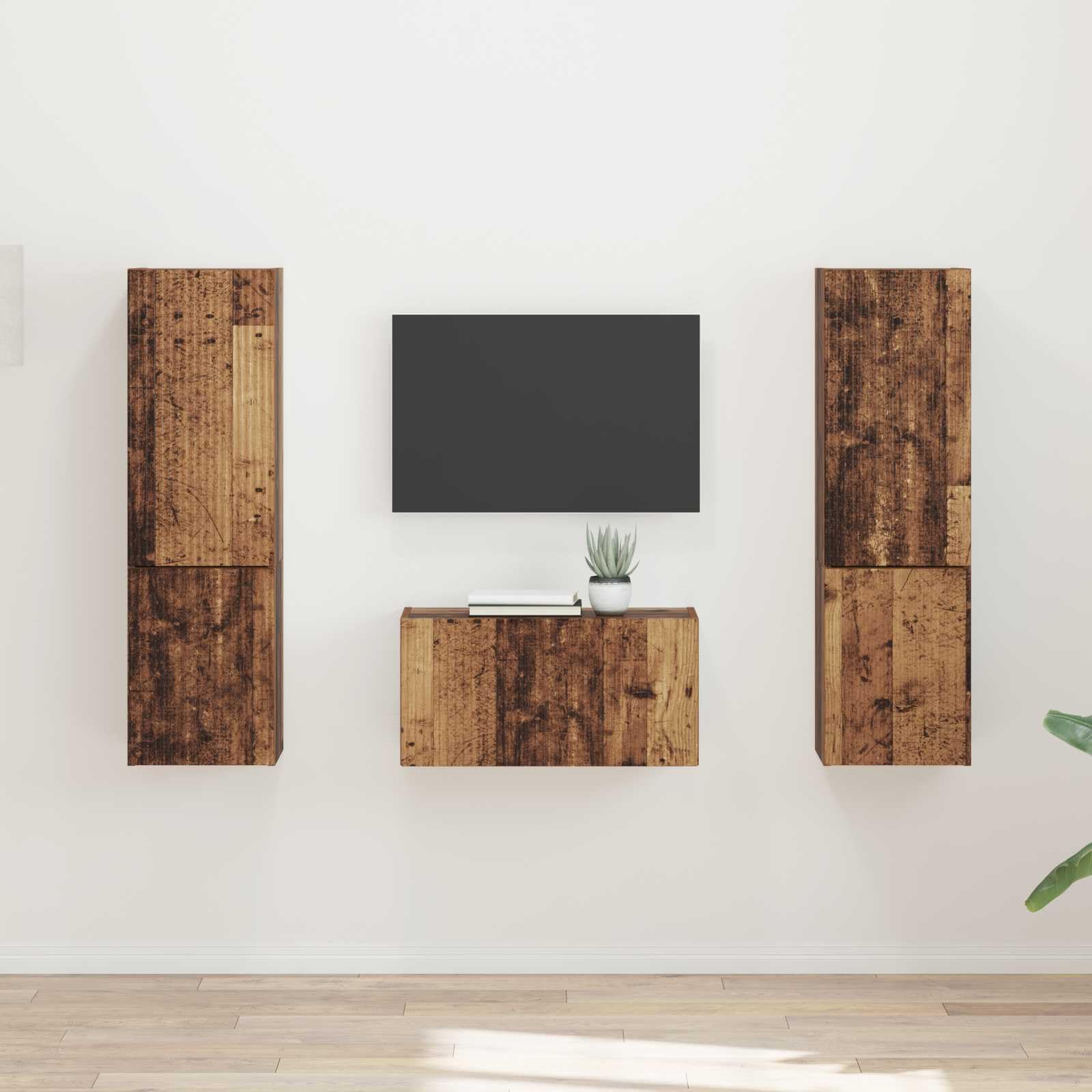 TV-Schrankset 5 pcs Altholz Holzwerkstoff Wandregale Media Center Unterhaltungscenter Fernsehschrank Wohnzimmermöbel Stauraum Schiebetür Kabelmanagement USB Steckdose modernes Design 5-teilig