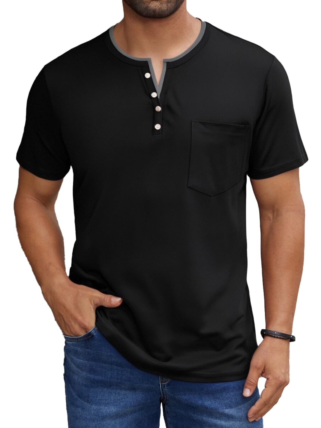 LuxMania Men's Casual Henley Shirts Short Sleeve V-Neck Button Decoration T-Shirts Fashion Tee with Pocket