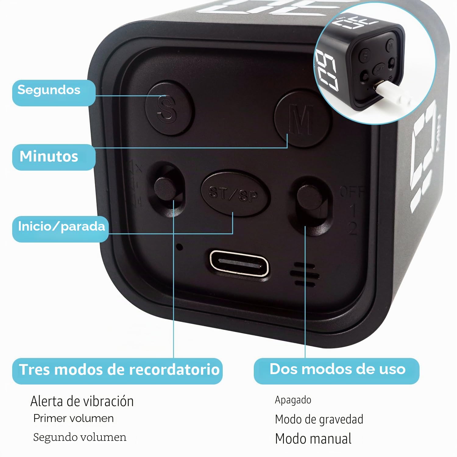 QUMOX Temporizador Cubo 5 10 30 60 Minutos, Temporizador Digital Recargable con Sensor de Gravedad, Modo Manual, Vibración y 2 Niveles de Volumen, Temporizador (Negro)