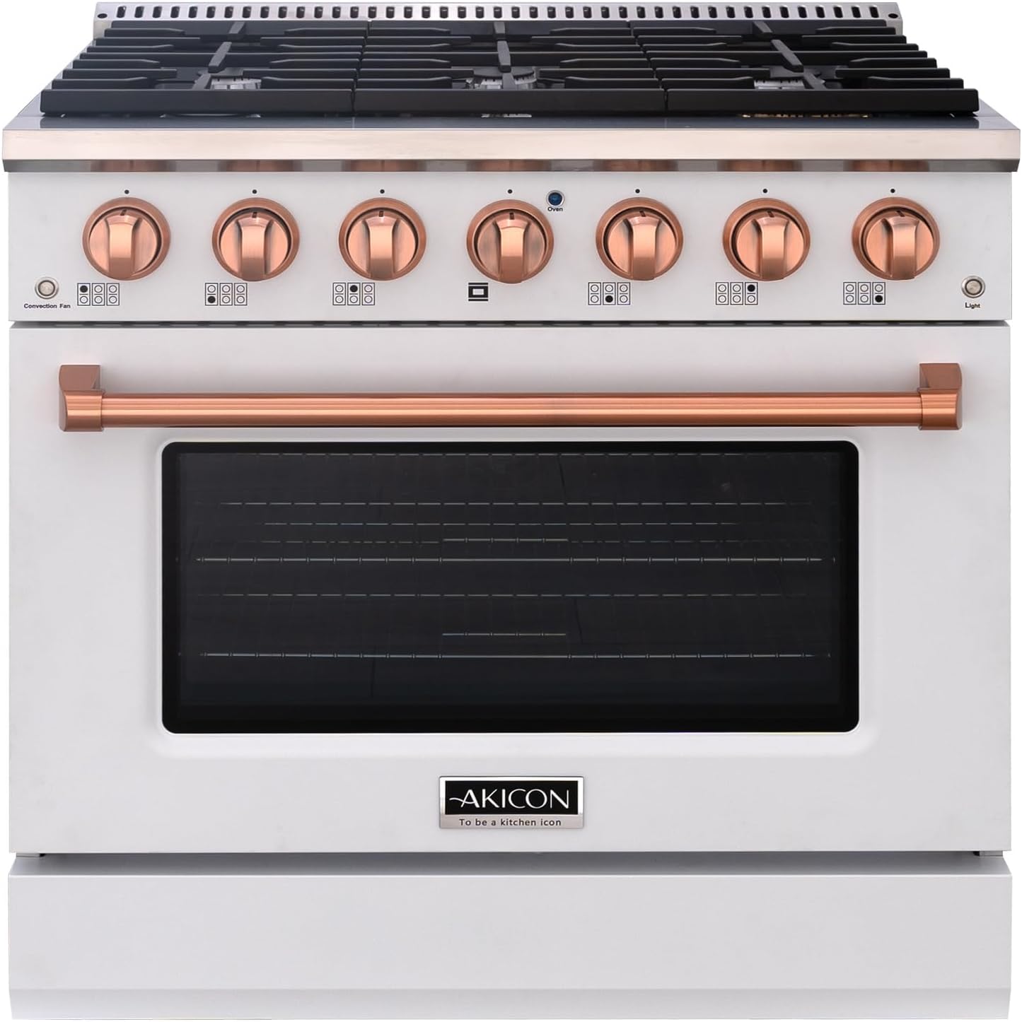 Akicon 36" Slide-in Freestanding Professional Style Gas Range with 5.2 Cu. Ft. Oven, 6 Burners, Convection Fan, Cast Iron Grates, & Blue Porcelain Oven Interior, In White with Copper