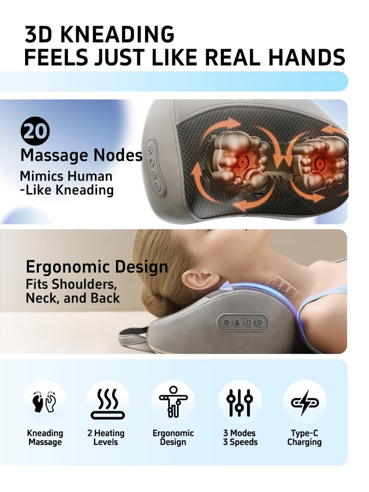 Kabelloses Nacken- und Schultermassagegerät mit Wärme | Kabelloses 20-Knoten-3D-Shiatsu-Massagegerät mit Wärme, wiederaufladbar für 12-15 Anwendungen, tragbar für Zuhause & Büro
