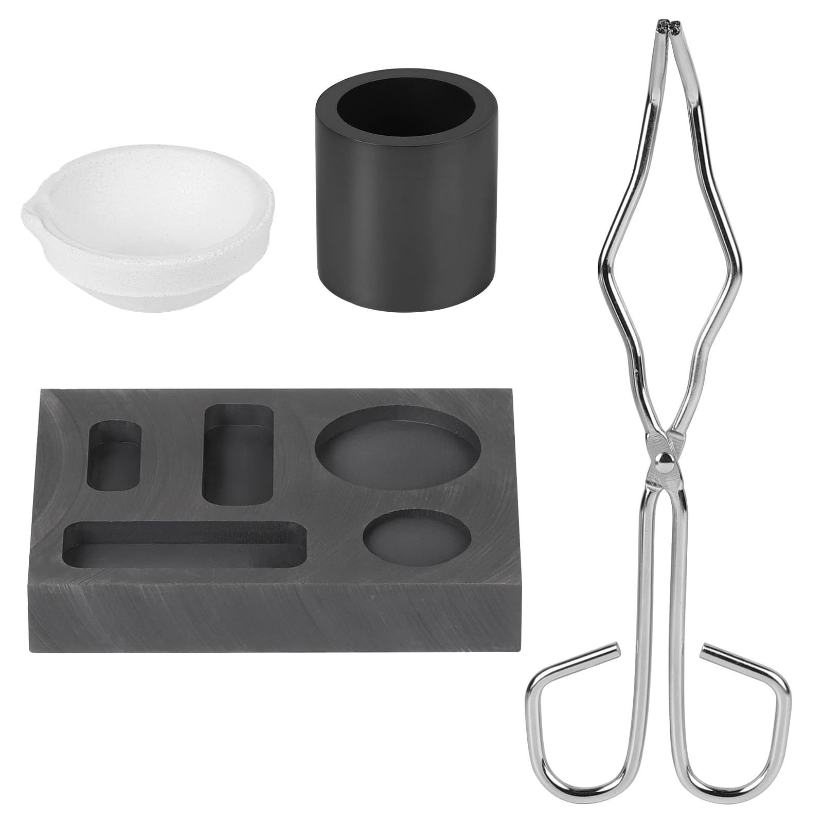 LALAGO 4 Stück Graphit Gussform Schmelzofen Set, Hochreiner Schmelztiegel mit Tiegelzange, Tiegel + Zange + Schüssel + Kombinationsform, Barren-Schmelz-Kit für Platin Gold Silber Messing Legierungs