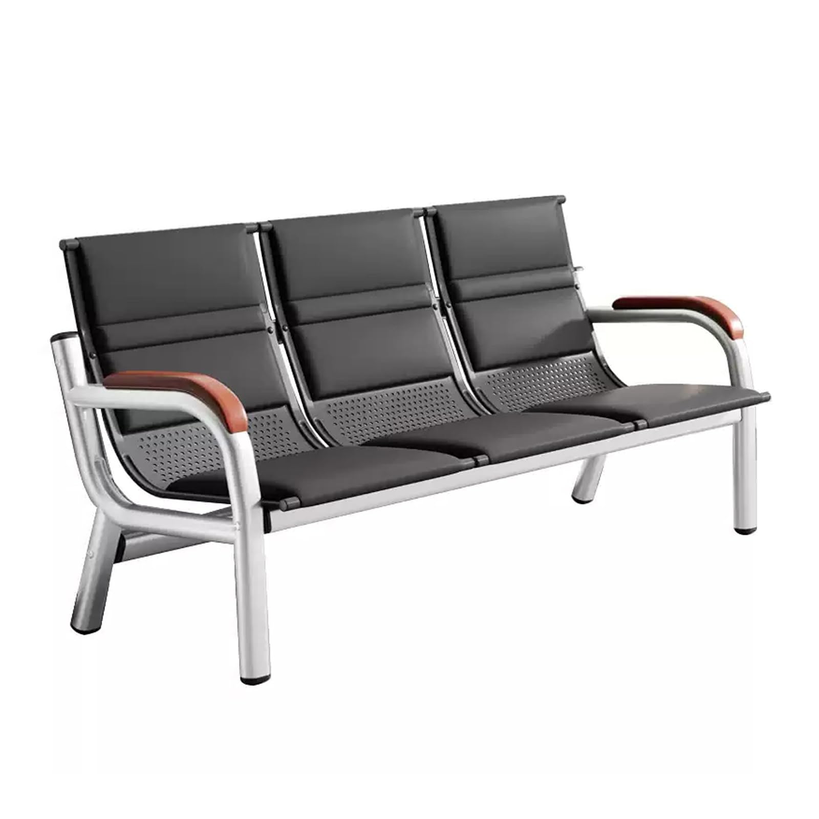 SnamicE 3Seat Office Bench with Wooden ArmrestsLeather Waiting Room Chairs for Airport Bank SalonComfortable Brown Reception Seating,Black