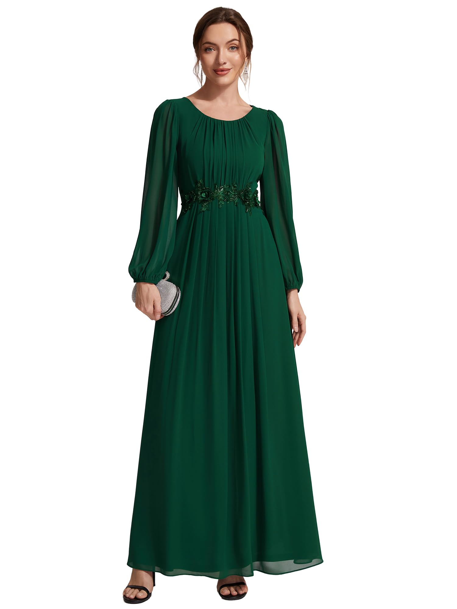 Ever-Pretty Robe Invitée Mariage Longue en Mousseline Manches Bouffantes A-Ligne EE02823