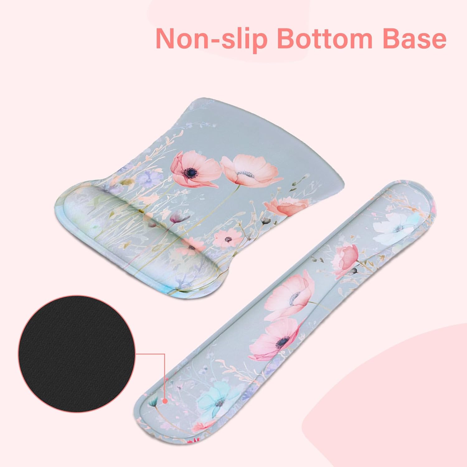 MOSISO Desk Mat Keyboard Mouse Pad Set, Large Gaming Mouse Pad&Keyboard Wrist Rest&Mousepad with Wrist Rest&Coaster, Ink Wildflower Ergonomic Non-Slip Cushion with Memory Foam for Home Office, Gray - Image 5