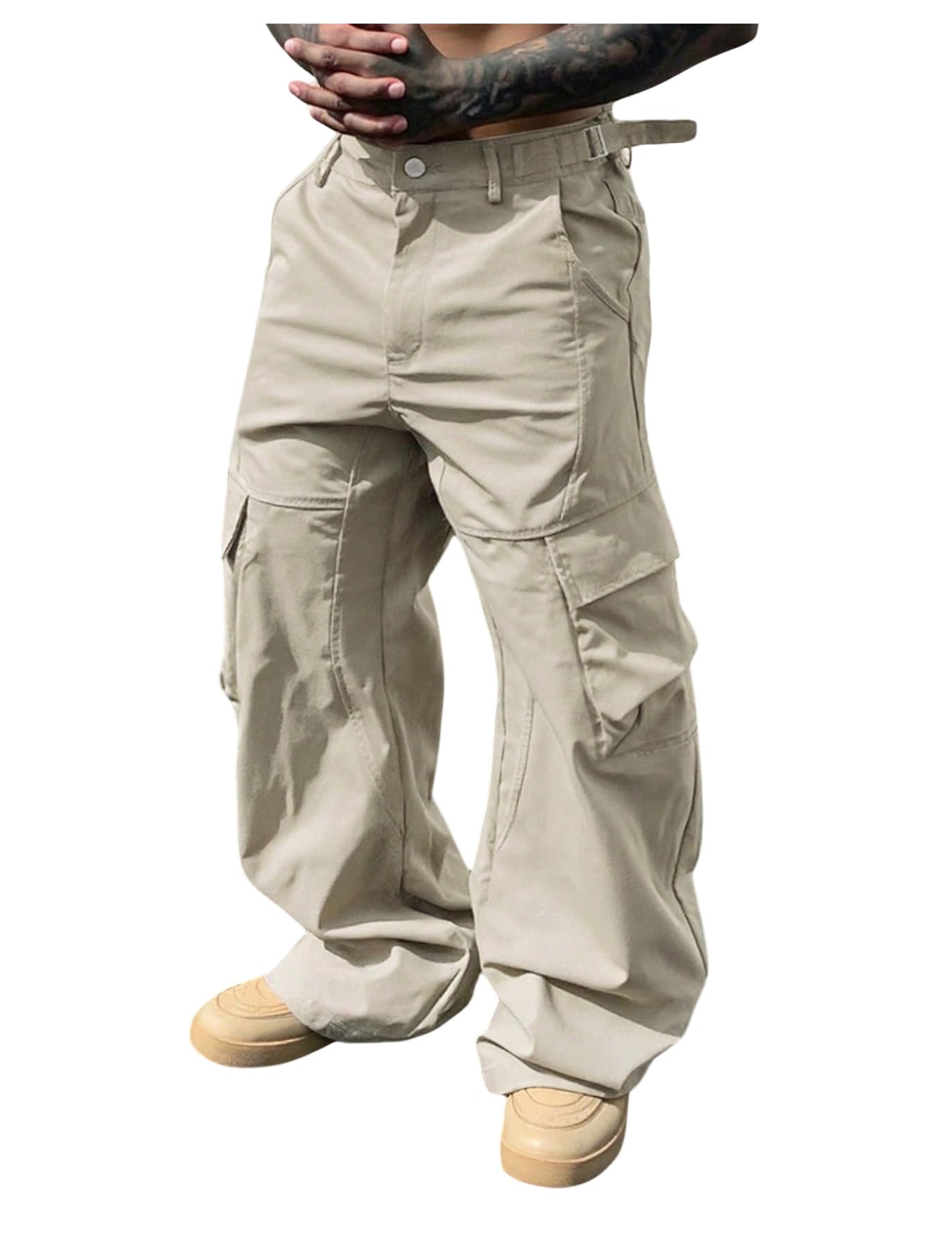 SOLY HUX Mens Baggy Cargo Pants Wide Leg Elastic Waist Hip Hop Trousers Streetwear