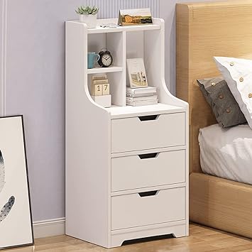 Nightstand 3 Storage Drawers, Tall End Table Bedside Table with Storage Shelf Minimalist and Practical End Side Table White