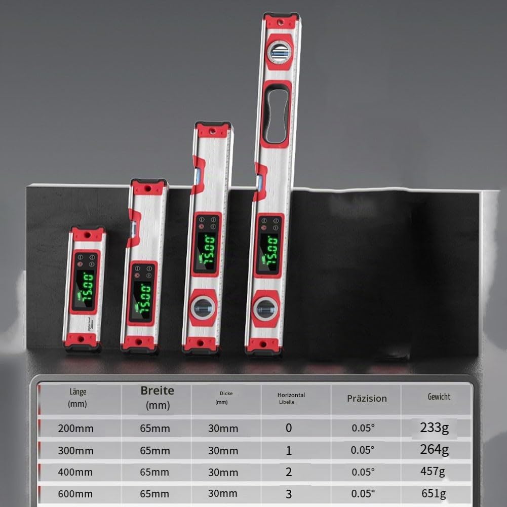 Elektronische digitale Wasserwaage, 3-in-1 wasserdichtes Display mit Hintergrundbeleuchtung, verstellbare magnetische Wasserwaage mit Magnetfuß und Datenspeicherfunktion (600 mm)