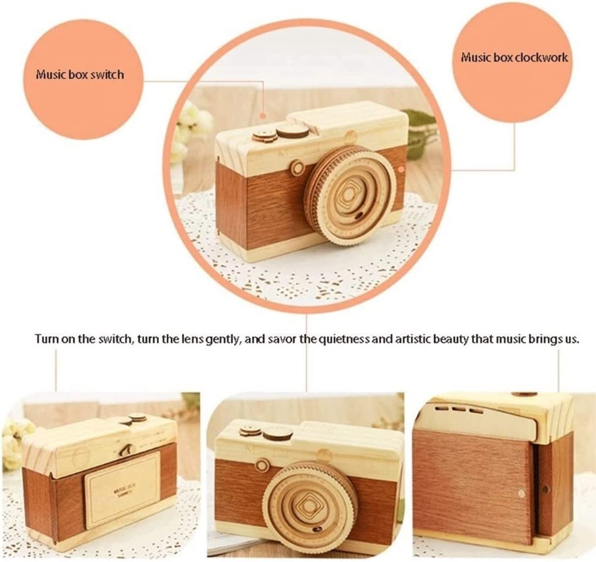 Caja de música para cámara, caja de música de madera, caja de pronunciación para cumpleaños, Navidad, el nombre de la música está en la imagen, caja musical de regalo (madera, 12,5 x 7,5 x 6