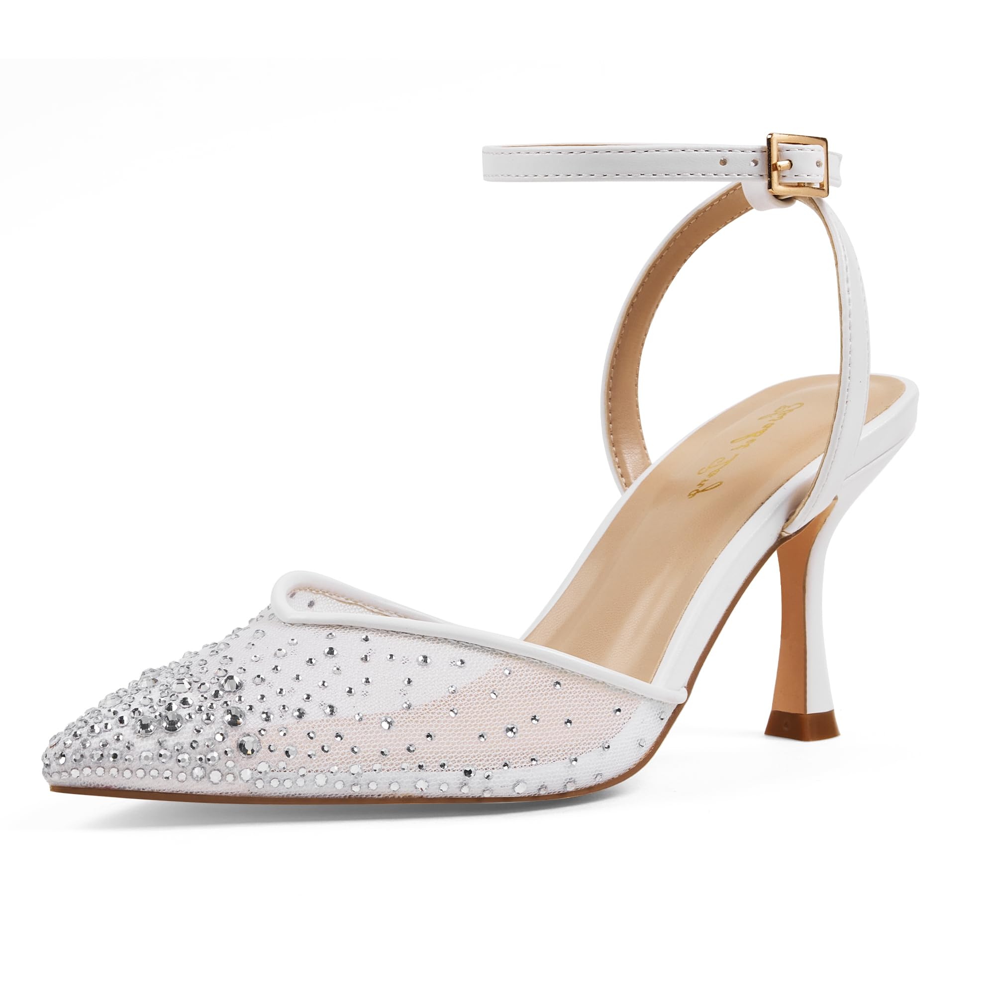 Zhabtuc Damen Tacchi 8 cm Strass Pumps Punta Spillo Mesh Glitter Cinturino Caviglia Slingback Kitten Heel Scarpe da Sera Matrimonio Sposa