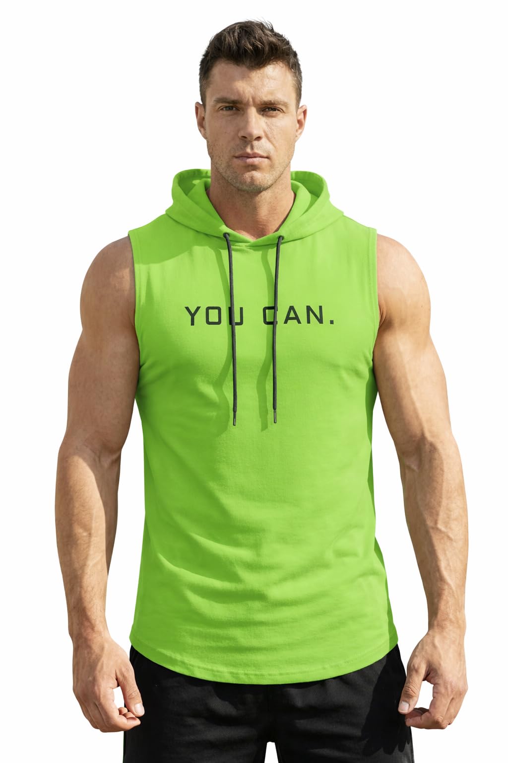 Men's Sleeveless Gym Hoodie, You Can Graphic Print, Cotton Blend, Regular Fit, Workout Tank Top-picture-20