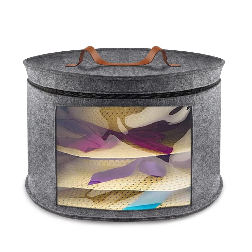 Round Hats Box, Foldable Storage Bin for Travel, Dustproof Lid, Grey