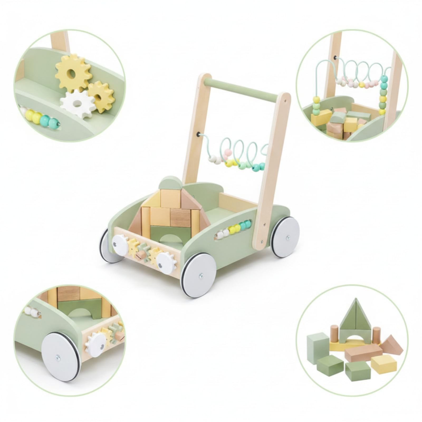 de Aprendizaje para Niños con Correpasillos Carro de Empuje Centro Interactivo y Juguete Educativo Estructura Estable de Madera Maciza y Contrachapado, Azul, 1/Juego