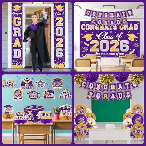 Image of Graduation Decorations Class of 2026 Purple and Gold Graduation Decorations with Congrats Grad Banner,Backdrop,Porch Sign,Balloons,Hanging Swirls,Honeycomb Centerpieces,Box for Graduation Party Decor