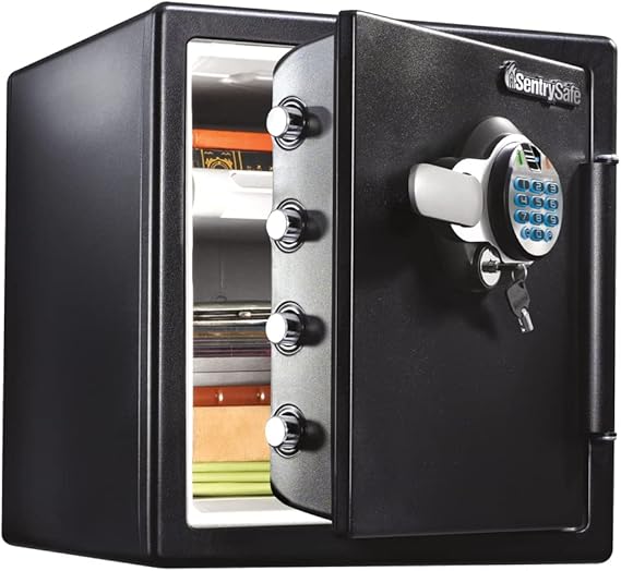 SentrySafe Fireproof and Waterproof Home Safe with Biometric Fingerprint Lock, Keypad, and Key Lock for Securing Money, Jewelry, Documents, 1.23 Cubic Feet, SFW123BTC