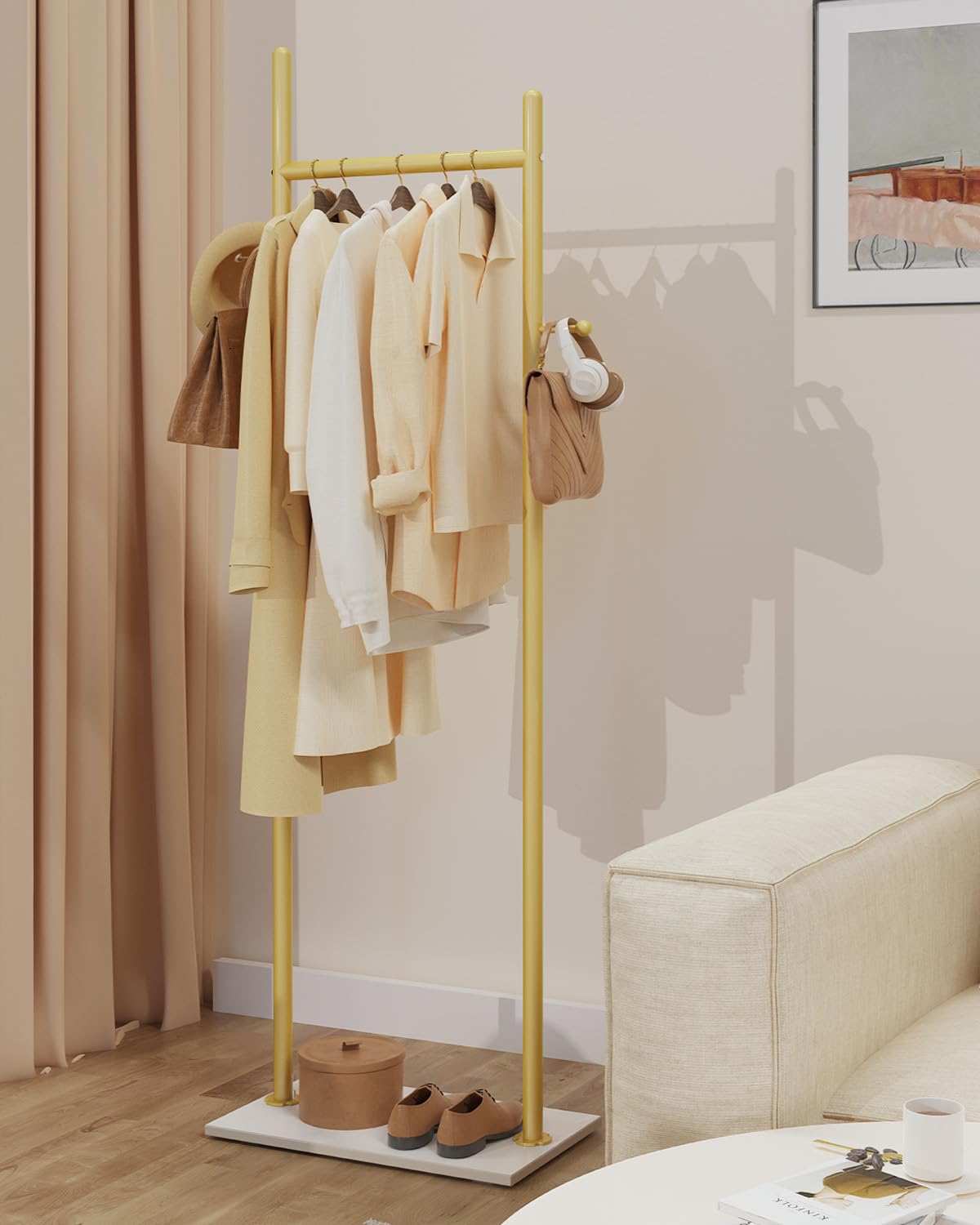 Perchero de Pie, Metal Perchas Independientes, 50x30x175 cm, Golden | Gran Colgador de Ropa Moderno Resistente con Placa Inferior de Roca Gruesa y 2 Ganchos, para Oficina, Dormitorio