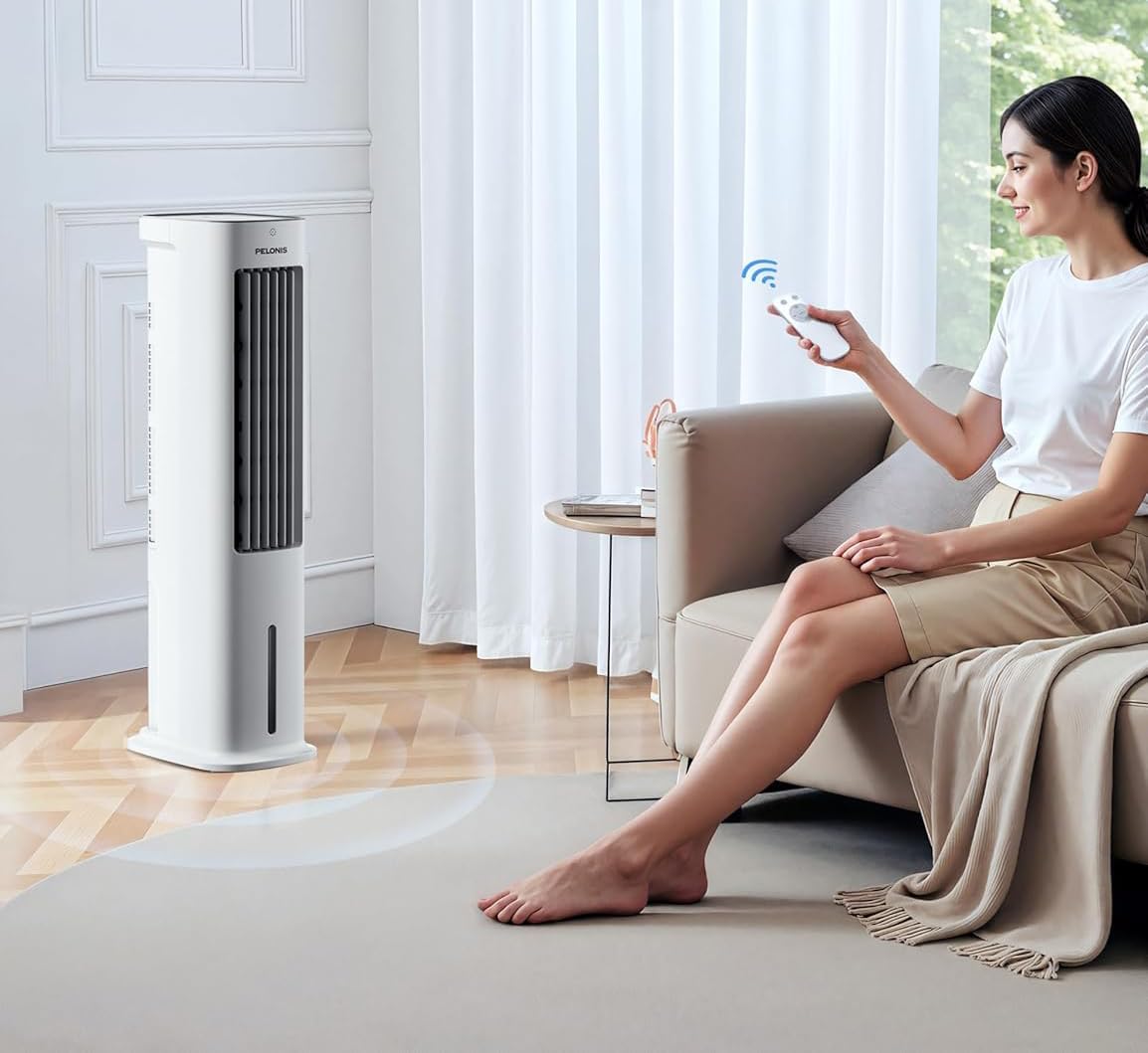 Evaporative air cooler with fan and humidifying function, portable indoor cooling unit with remote control, 5 liter water tank for home and office by RESTEQ